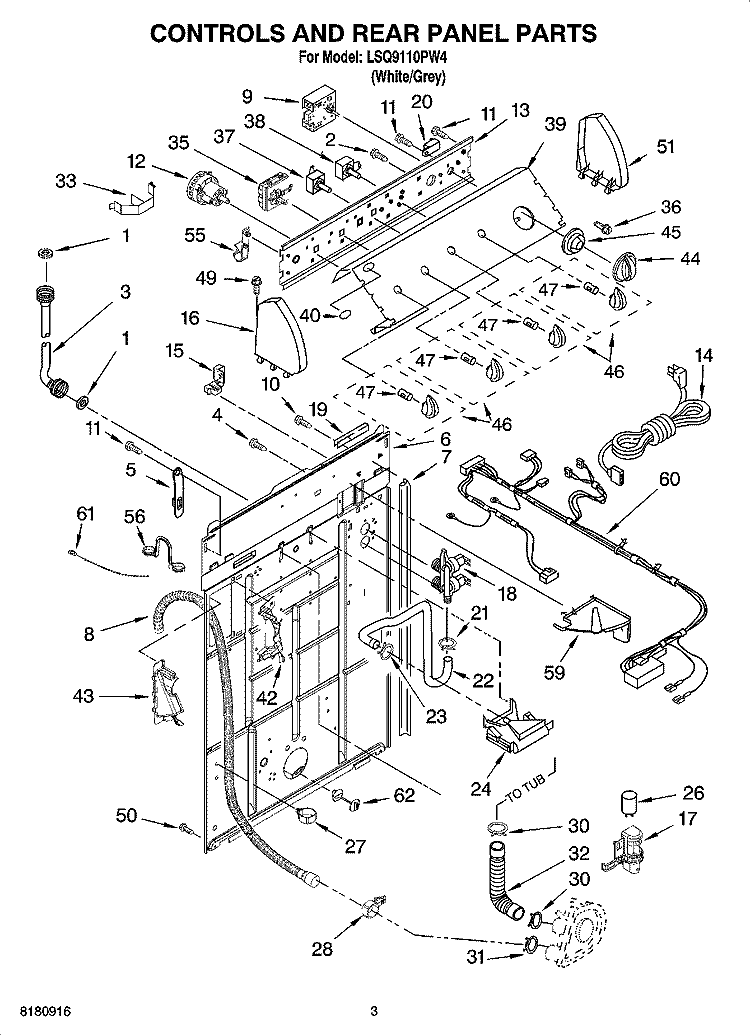 CONTROLS AND REAR PANEL PARTS Diagram and Parts List for LSQ9110PW4  Whirlpool Washer