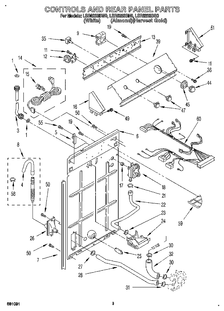 CONTROLS AND REAR PANEL Diagram and Parts List for LSR6233BW0  Whirlpool Washer