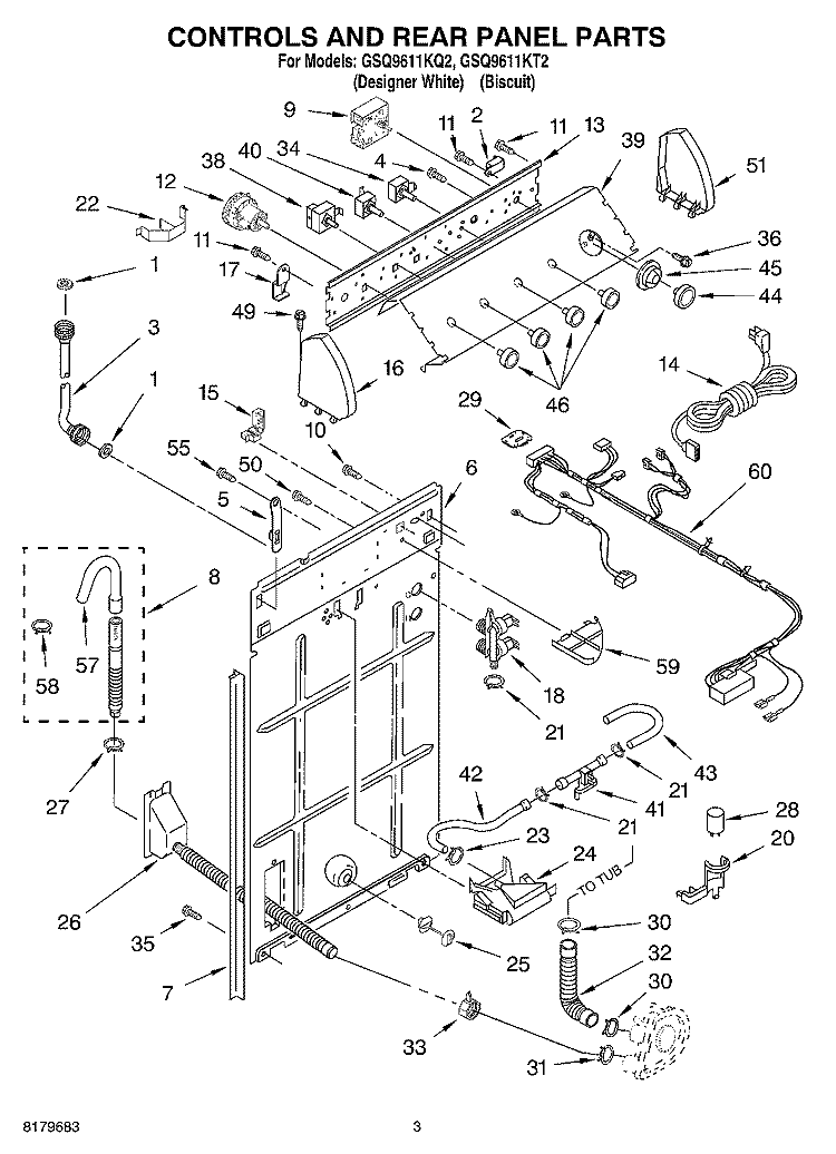 CONTROLS AND REAR PANEL Diagram and Parts List for GSQ9611KQ2  Whirlpool Washer