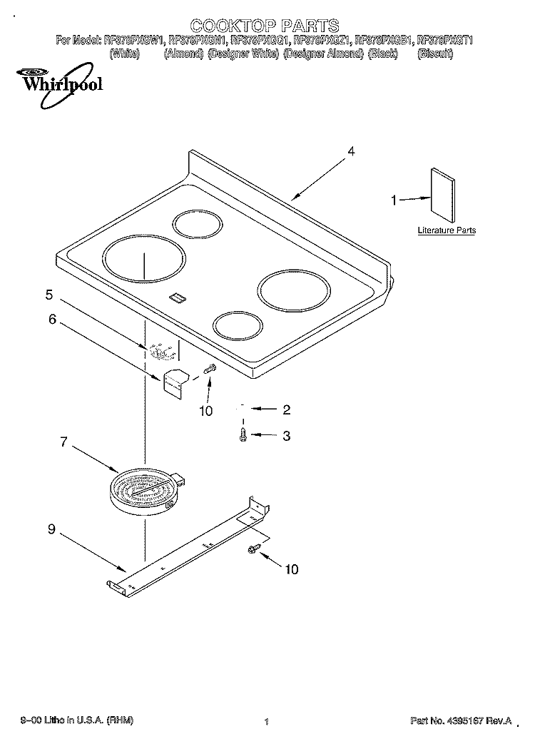COOKTOP, LITERATURE Diagram and Parts List for RF378PXGQ1  Whirlpool Range