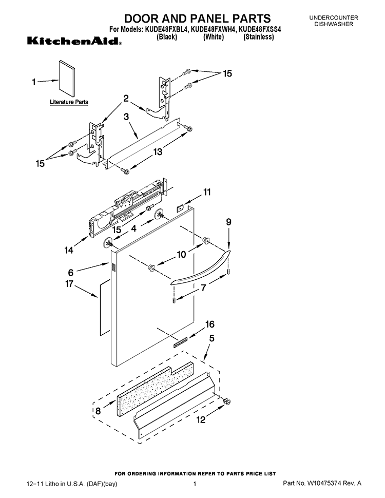 DOOR AND PANEL PARTS Diagram and Parts List for KUDE48FXBL4  KitchenAid Dishwasher