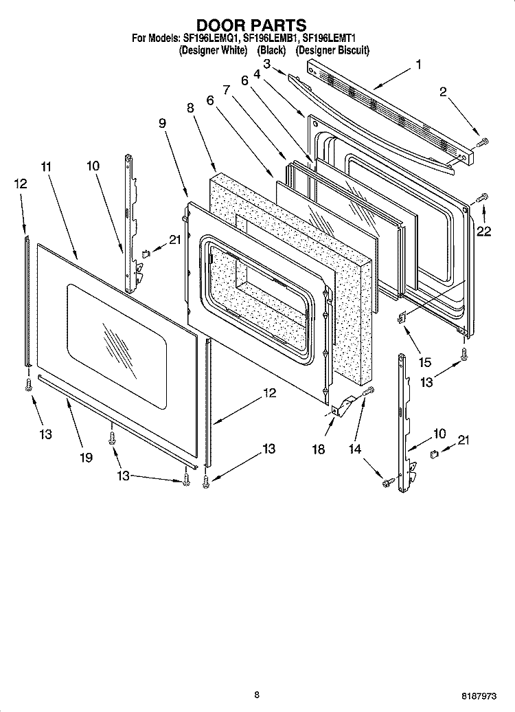 DOOR PARTS, OPTIONAL PARTS (NOT INCLUDED) Diagram and Parts List for SF196LEMQ1  Whirlpool Range