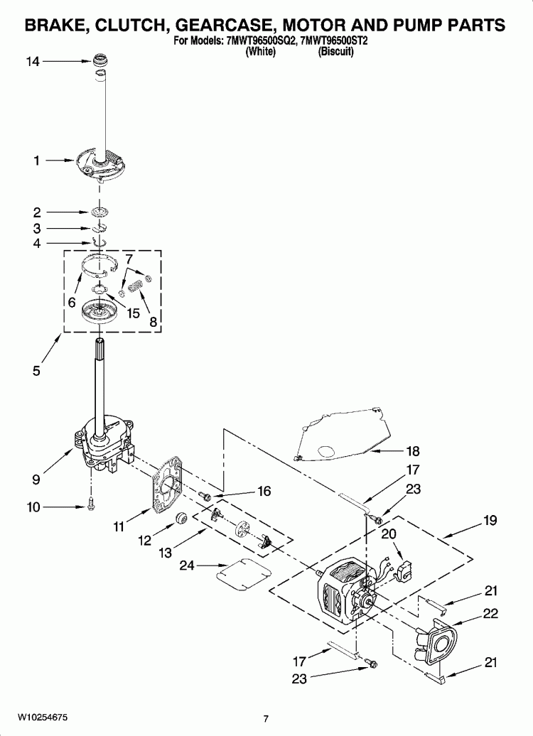 BRAKE, CLUTCH, GEARCASE, MOTOR AND PUMP PARTS Diagram and Parts List for 7MWT96500SQ2  Whirlpool Washer