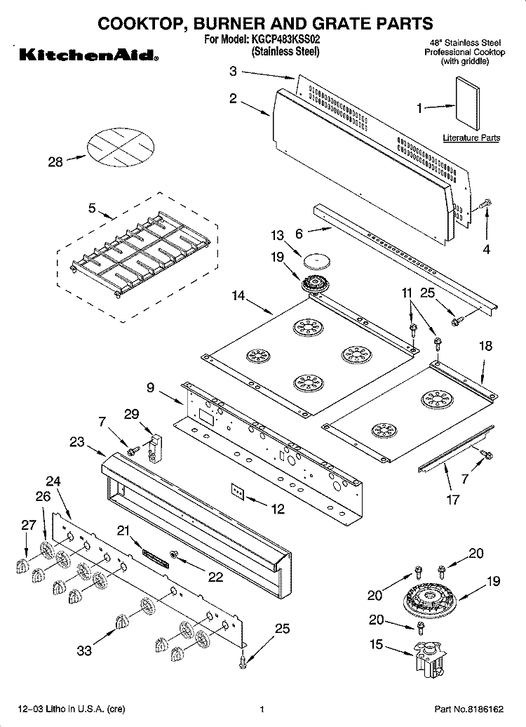 COOKTOP, BURNER AND GRATE PARTS Diagram and Parts List for KGCP483KSS02  KitchenAid Cooktop