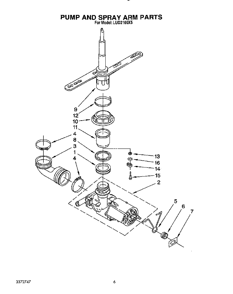 PUMP AND SPRAY ARM Diagram and Parts List for LUD2100X5  Whirlpool Dishwasher