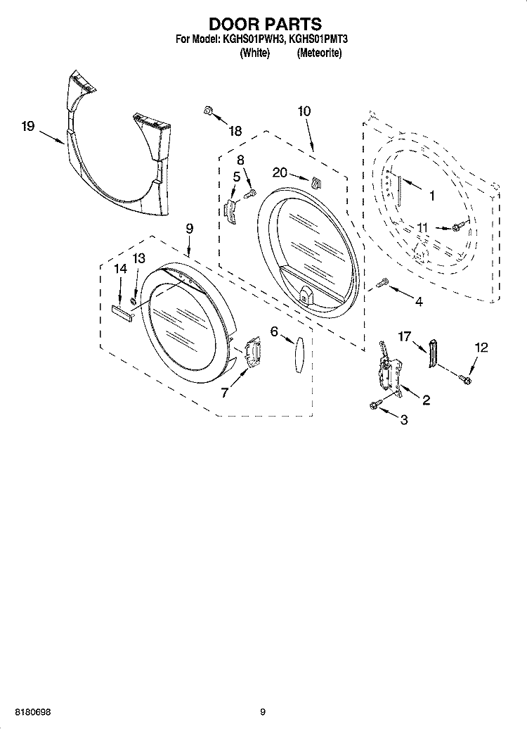 DOOR PARTS, OPTIONAL PARTS (NOT INCLUDED) Diagram and Parts List for KGHS01PMT3  KitchenAid Dryer