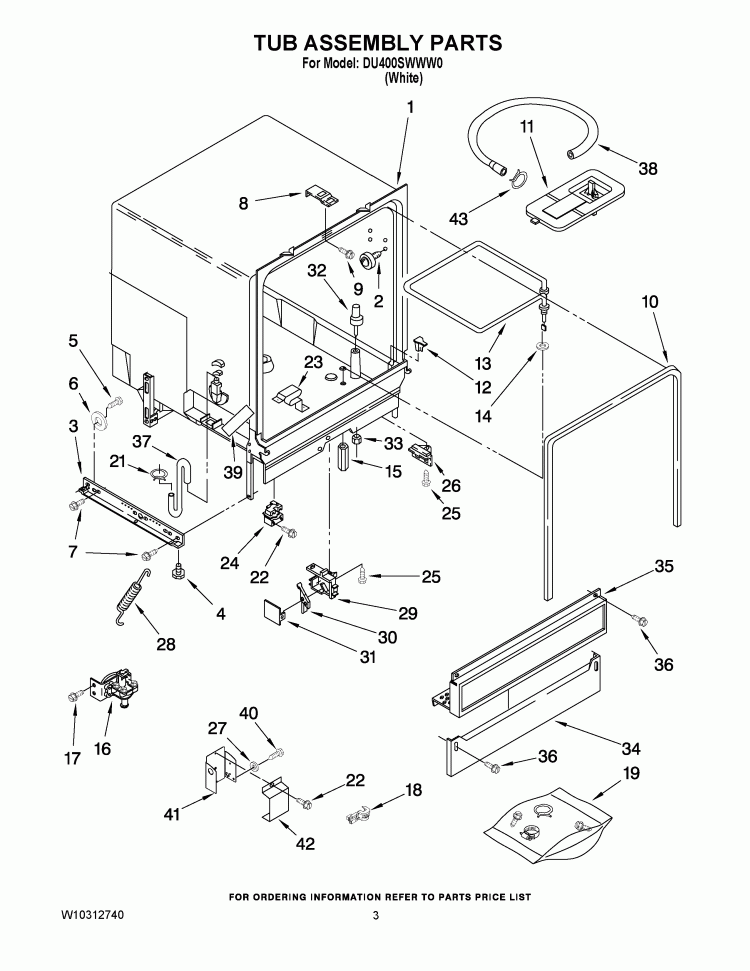 TUB ASSEMBLY PARTS Diagram and Parts List for DU400SWWW0  Whirlpool Dishwasher