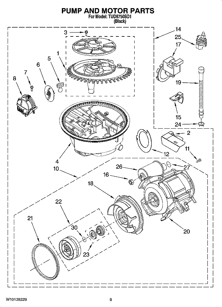 PUMP AND MOTOR PARTS Diagram and Parts List for TUD8750SD1  Estate Dishwasher