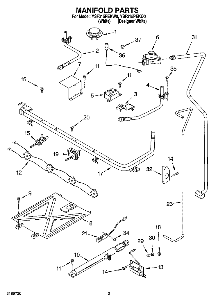 MANIFOLD PARTS Diagram and Parts List for YSF315PEKQ0  Whirlpool Range