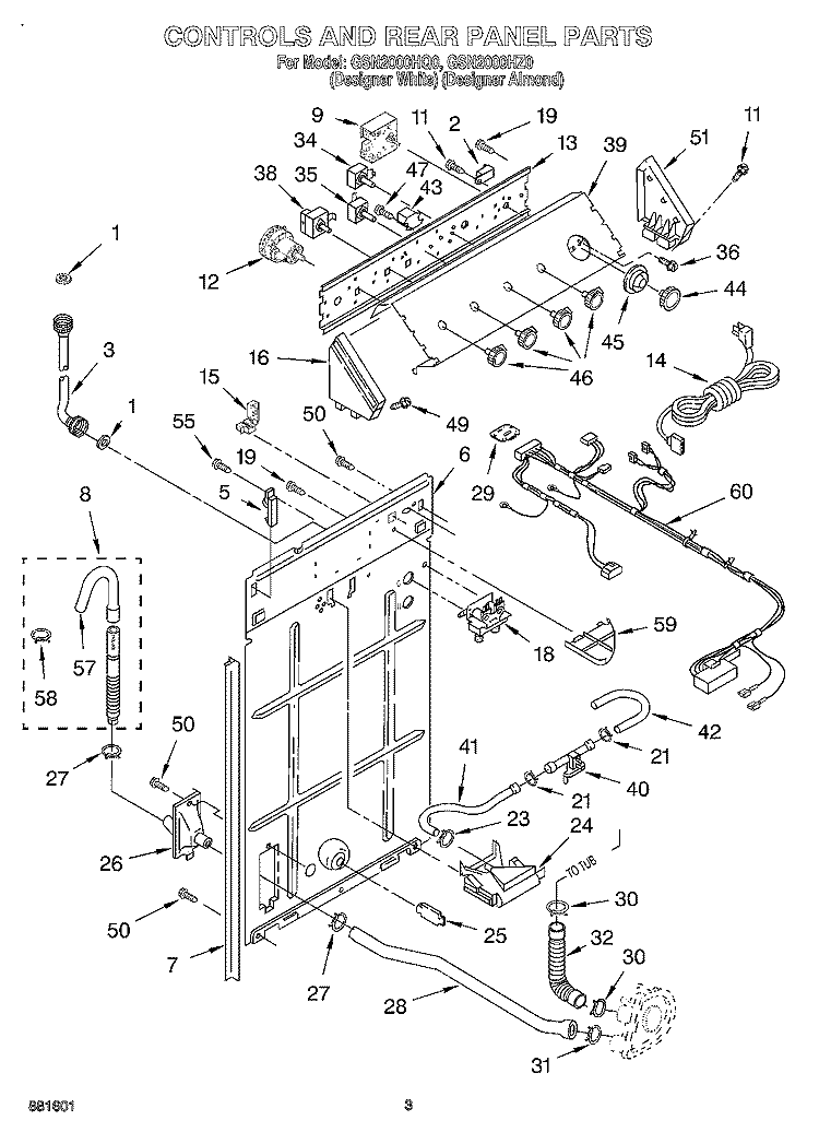 CONTROLS AND REAR PANEL Diagram and Parts List for GSN2000HZ0  Whirlpool Washer