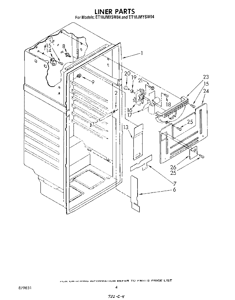 LINER Diagram and Parts List for ET18JMYSN04  Whirlpool Refrigerator