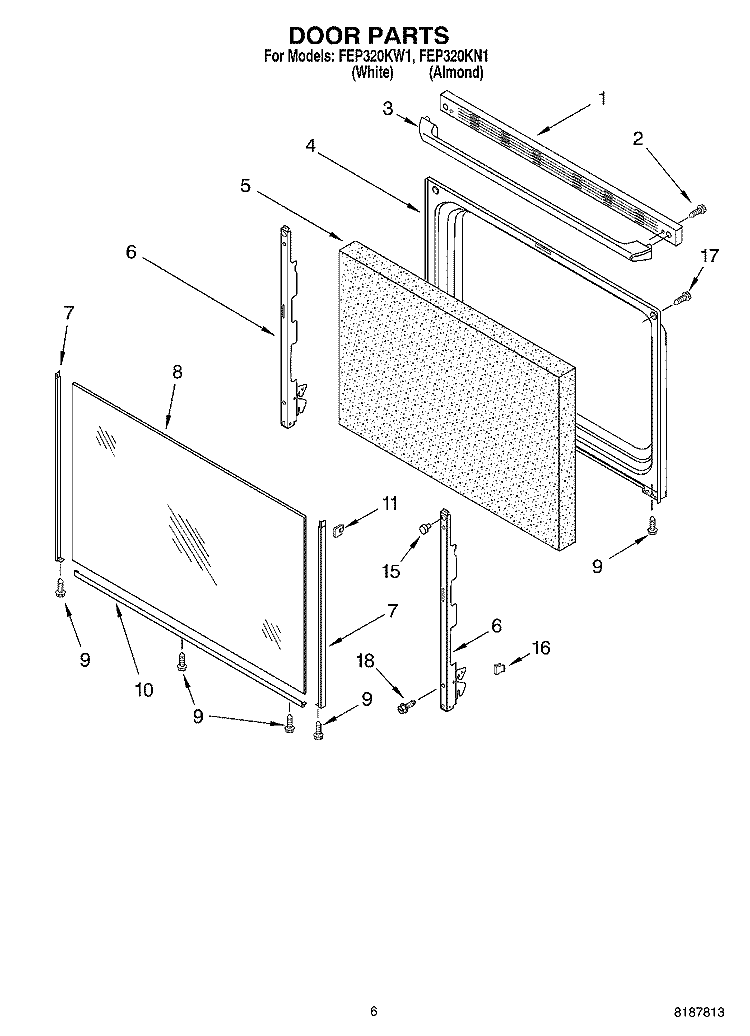 DOOR PARTS, MISCELLANEOUS PARTS Diagram and Parts List for FEP320KW1  Roper Range