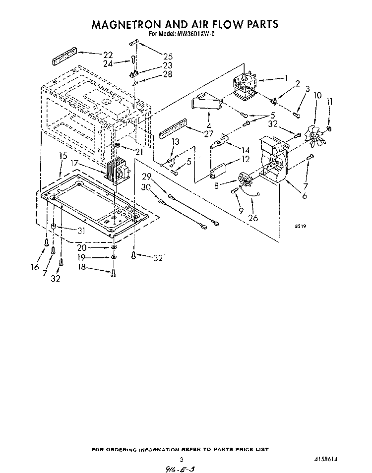 MAGNETRON AND AIR FLOW Diagram and Parts List for MW3601XW0  Whirlpool Microwave