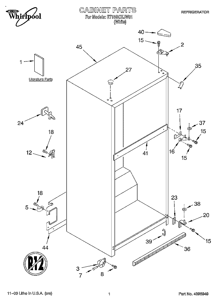CABINET, LITERATURE Diagram and Parts List for ET18SCXJW01  Whirlpool Refrigerator