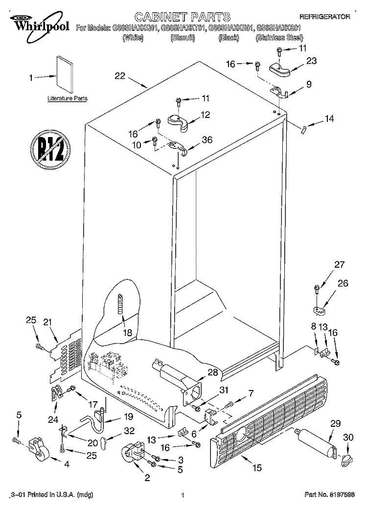 CABINET, LITERATURE Diagram and Parts List for GS6SHAXKB01  Whirlpool Refrigerator