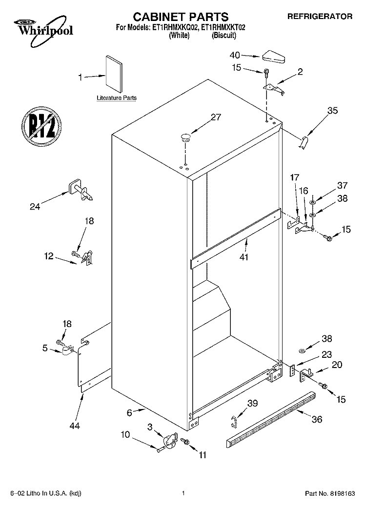 CABINET, LITERATURE Diagram and Parts List for ET1RHMXKQ02  Whirlpool Refrigerator