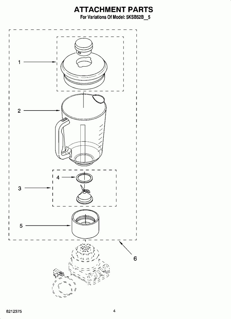 ATTACHMENT PARTS Diagram and Parts List for 5KSB52BPM5  KitchenAid Blender