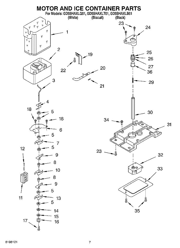 MOTOR AND ICE CONTAINER Diagram and Parts List for GC5SHAXLQ01  Whirlpool Refrigerator