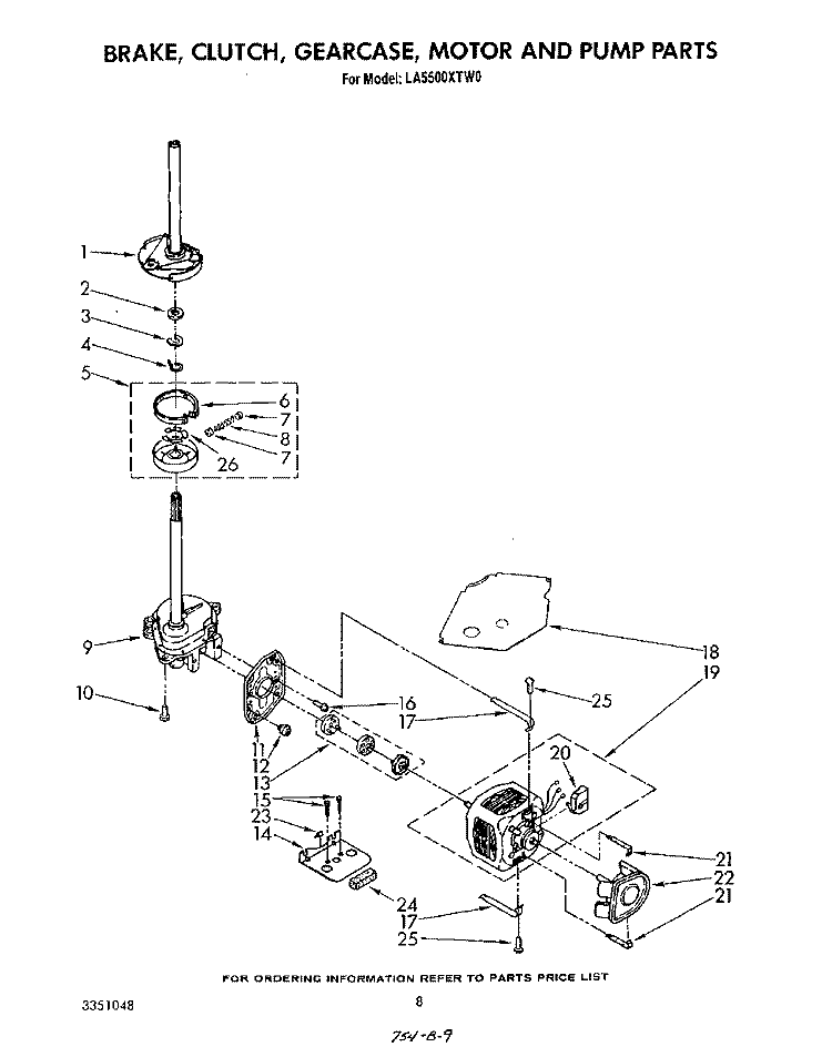 BRAKE, CLUTCH, GEARCASE, MOTOR AND PUMP Diagram and Parts List for LA5500XTG0  Whirlpool Washer