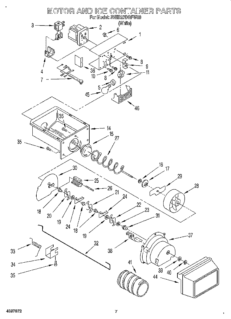 MOTOR AND ICE CONTAINER Diagram and Parts List for 3VED27DQFW00  Whirlpool Refrigerator