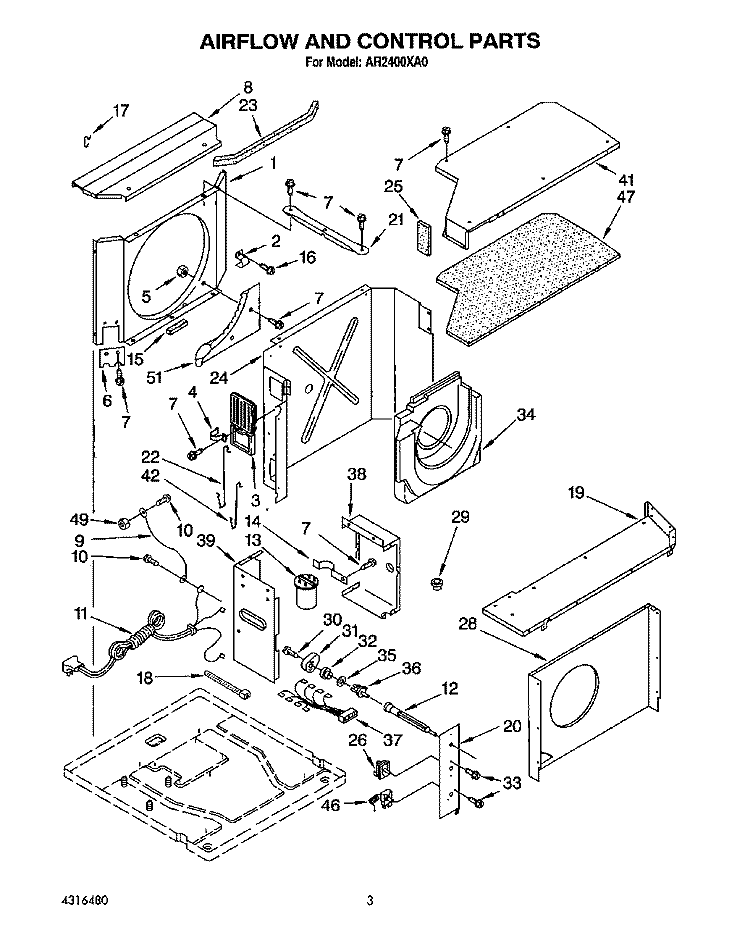 AIR FLOW AND CONTROL Diagram and Parts List for AR2400XA0  Whirlpool Air Conditioner