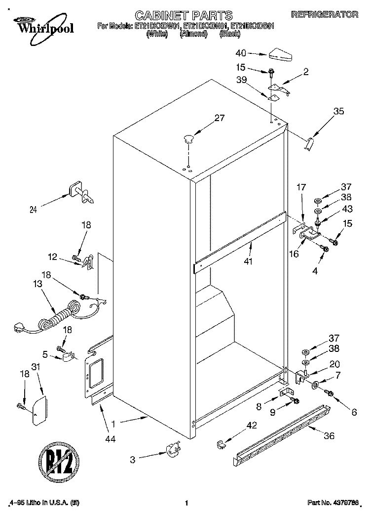 CABINET Diagram and Parts List for ET21DKXDW01  Whirlpool Refrigerator