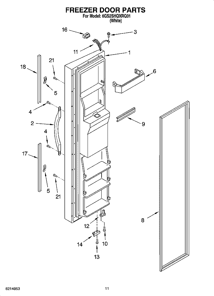 FREEZER DOOR PARTS Diagram and Parts List for 6GS2SHQXRQ01  Whirlpool Refrigerator