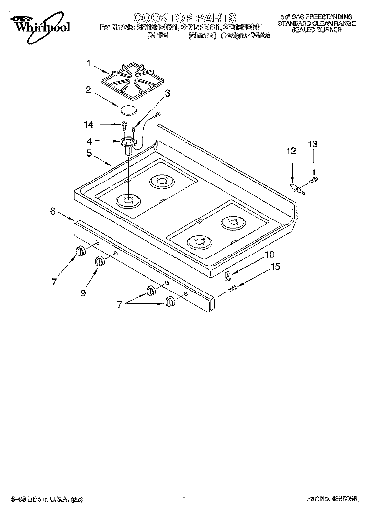 COOKTOP Diagram and Parts List for SF315PEGQ1  Whirlpool Range