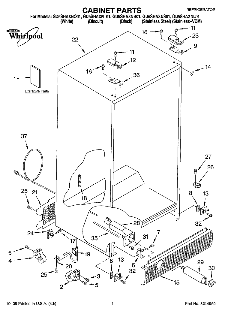 CABINET PARTS Diagram and Parts List for GD5SHAXNB01  Whirlpool Refrigerator