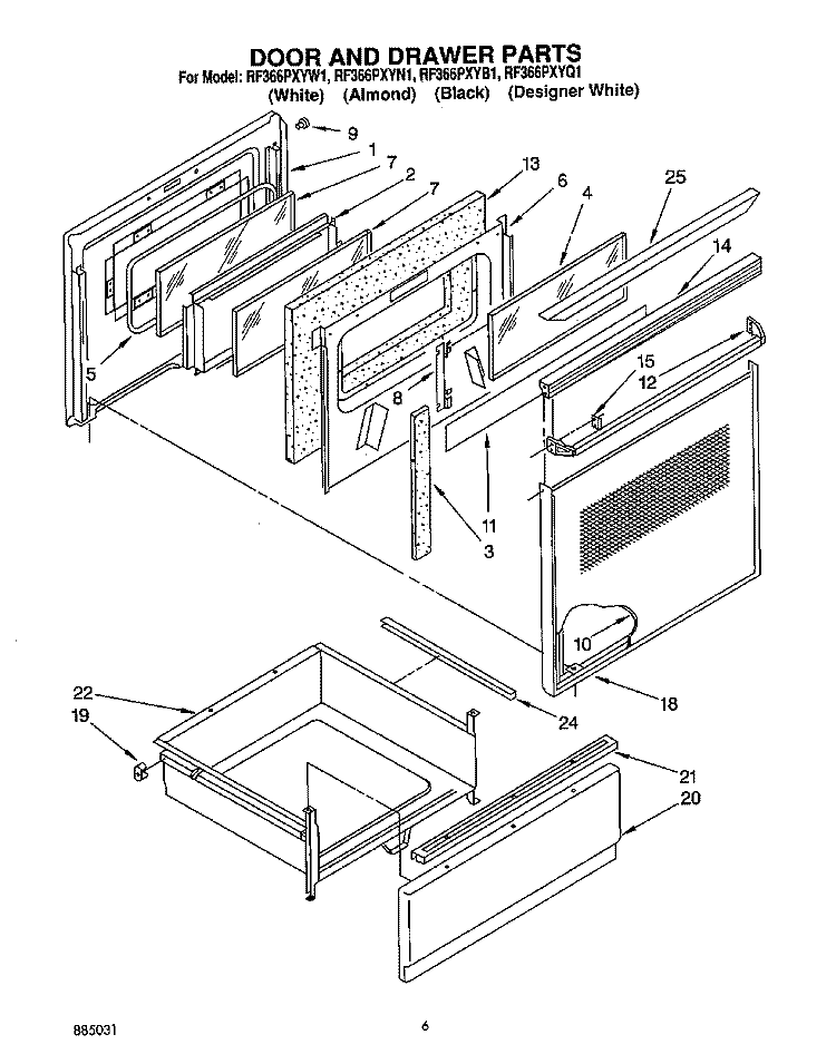 DOOR AND DRAWER Diagram and Parts List for RF366PXYQ1  Whirlpool Range