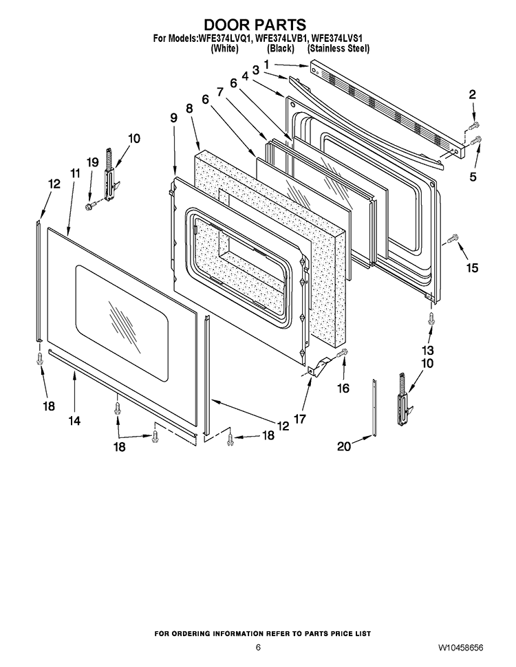 DOOR PARTS Diagram and Parts List for WFE374LVQ1  Whirlpool Range