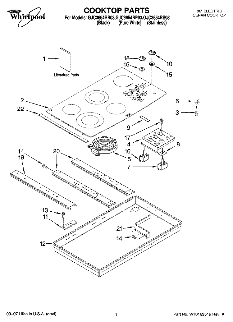 COOKTOP PARTS, OPTIONAL PARTS Diagram and Parts List for GJC3654RB03  Whirlpool Cooktop