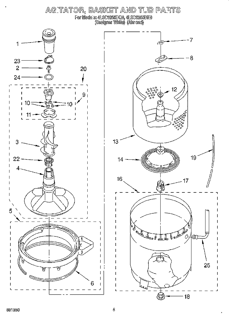 AGITATOR, BASKET, AND TUB Diagram and Parts List for 4LSC9255DQ0  Whirlpool Washer