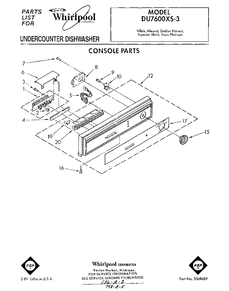 CONSOLE Diagram and Parts List for DU7600XS3  Whirlpool Dishwasher