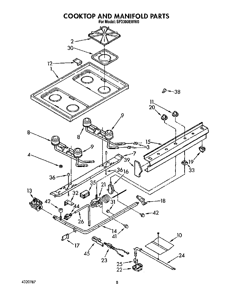 COOKTOP AND MANIFOLD, LIT/OPTIONAL Diagram and Parts List for SF3300EWW0  Whirlpool Range