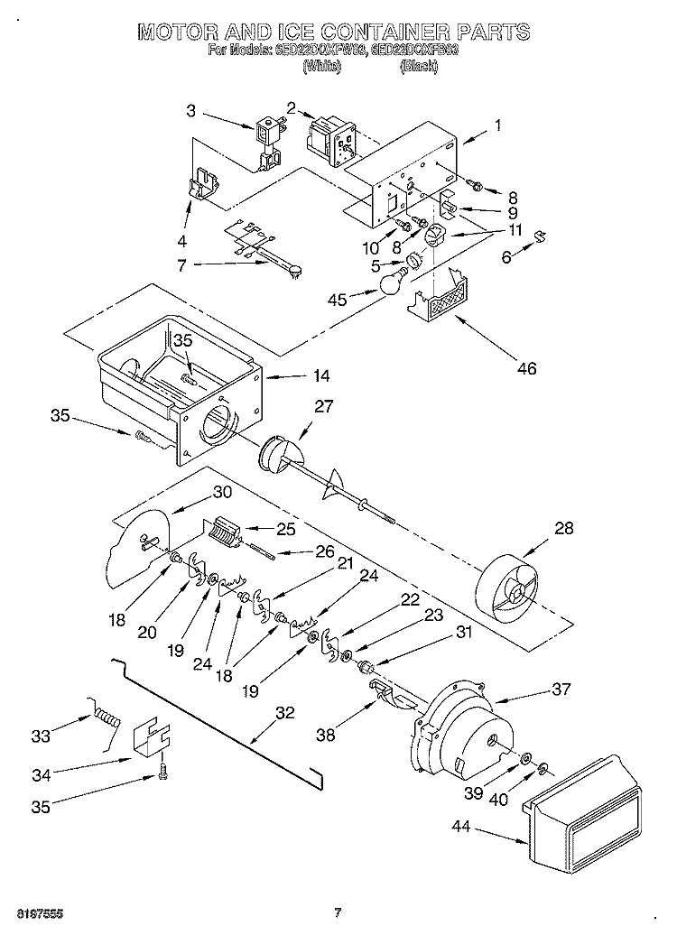 MOTOR AND ICE CONTAINER Diagram and Parts List for 6ED22DQXFB03  Whirlpool Refrigerator