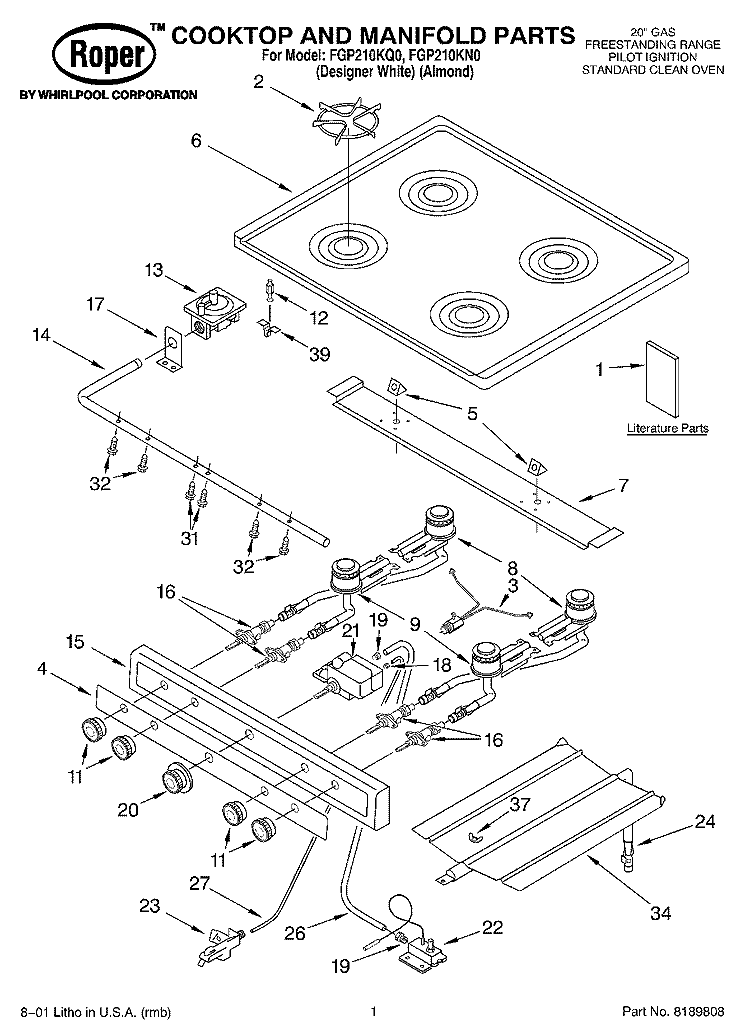 COOKTOP AND MANIFOLD, LITERATURE Diagram and Parts List for FGP210KN0  Roper Range