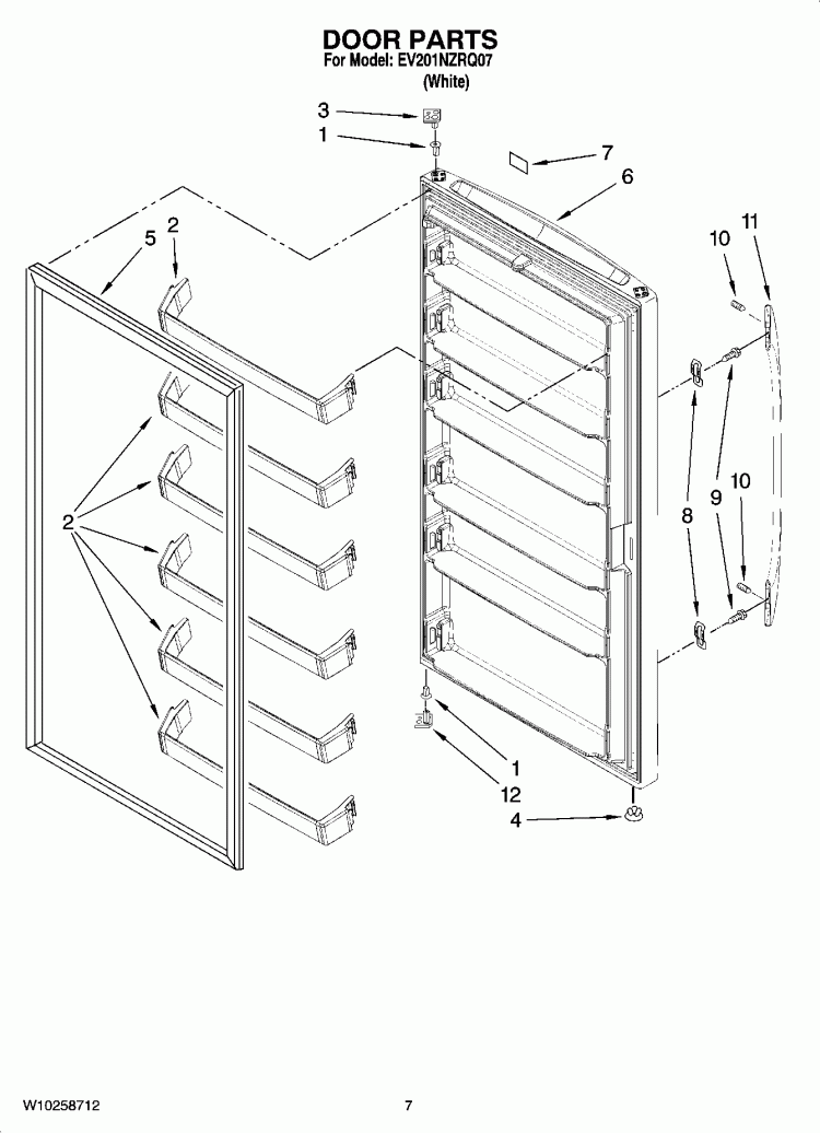 DOOR PARTS, OPTIONAL PARTS (NOT INCLUDED) Diagram and Parts List for EV201NZRQ07  Whirlpool Freezer