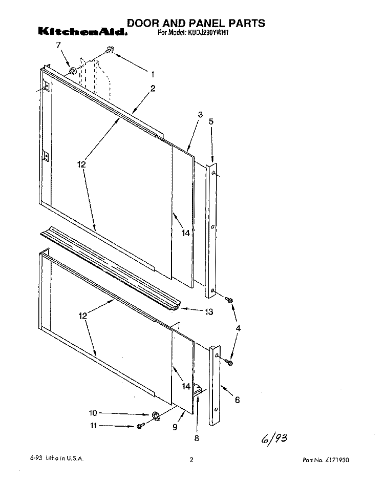 DOOR AND PANEL Diagram and Parts List for KUDJ230YWH1  KitchenAid Dishwasher