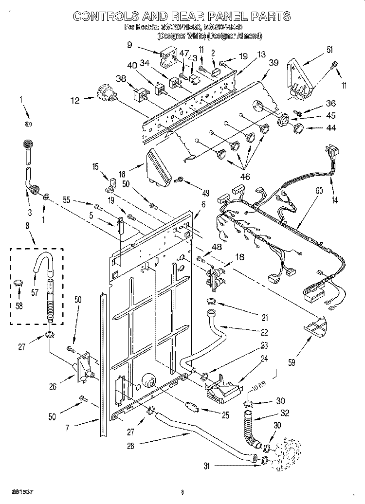 CONTROLS AND REAR PANEL Diagram and Parts List for GSQ9344EQ0  Whirlpool Washer
