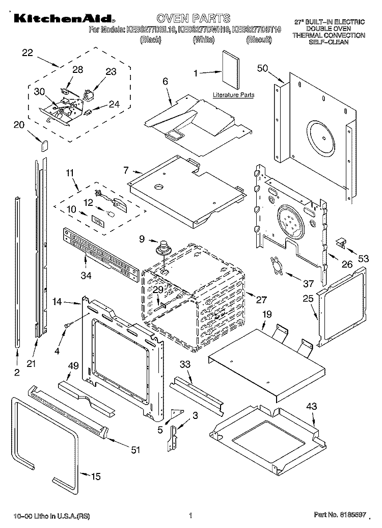 OVEN, LITERATURE Diagram and Parts List for KEBS277DBL10  KitchenAid Wall Oven