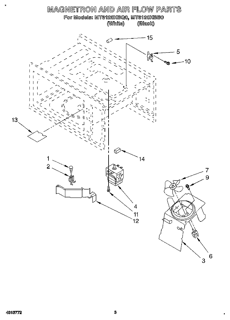 MAGNETRON AND AIR FLOW Diagram and Parts List for MT6120XBB0  Whirlpool Microwave