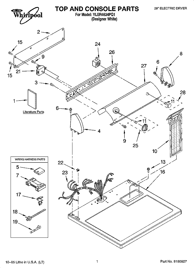 TOP AND CONSOLE PARTS Diagram and Parts List for YLER4634PQ1  Whirlpool Dryer