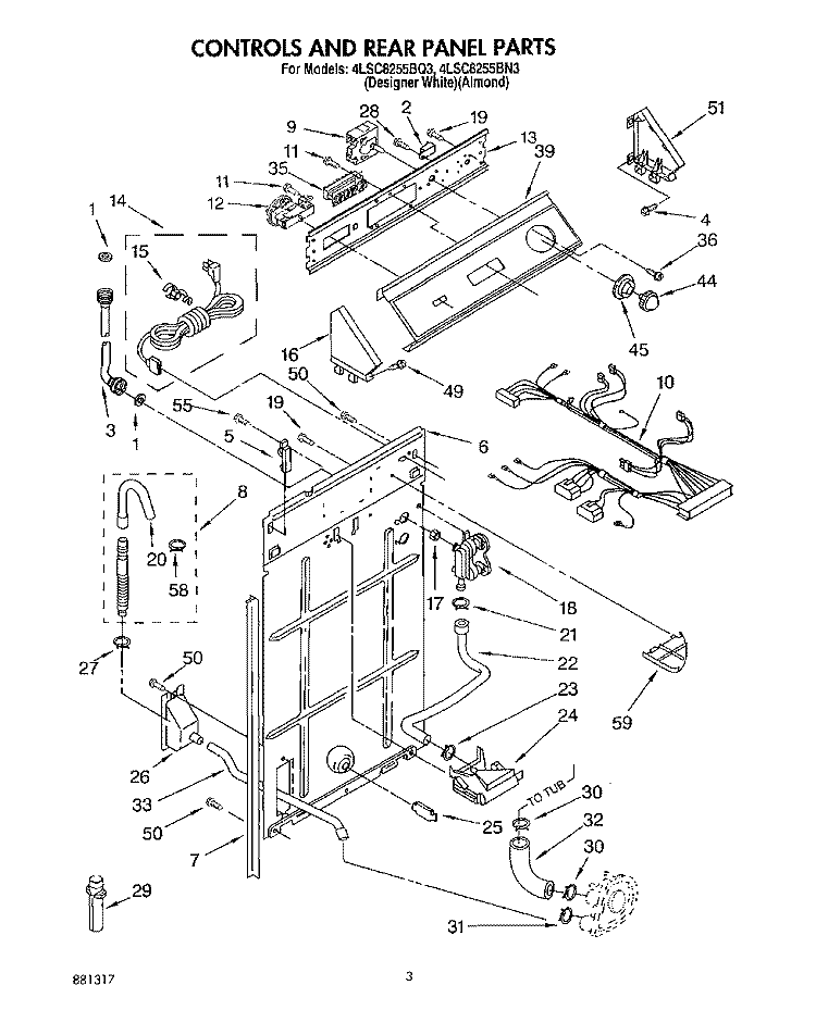 CONTROLS AND REAR PANEL Diagram and Parts List for 4LSC8255BQ3  Whirlpool Washer
