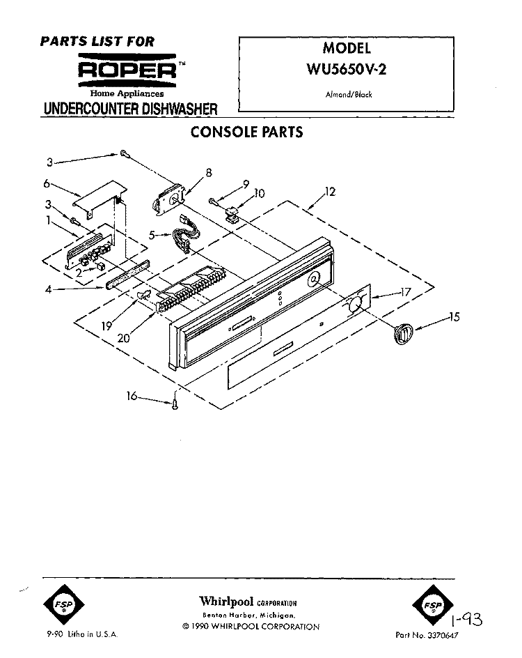 CONSOLE Diagram and Parts List for WU5650V2  Roper Dishwasher