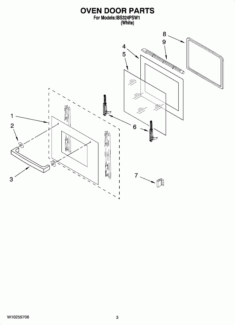 OVEN DOOR PARTS Diagram and Parts List for IBS324PSW1  Whirlpool Wall Oven