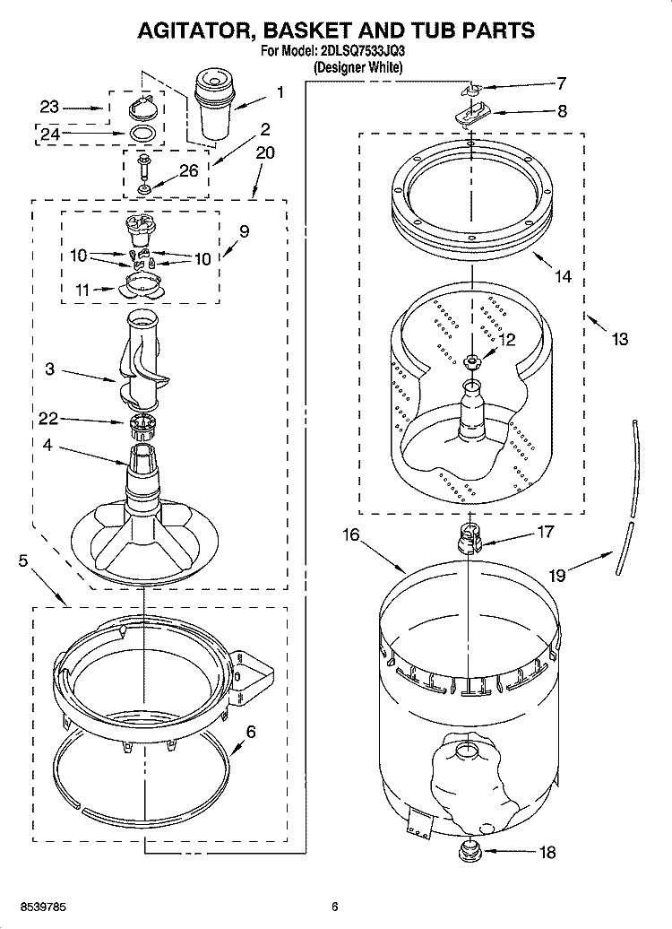 AGITATOR, BASKET AND TUB PARTS Diagram and Parts List for 2DLSQ7533JQ3  Whirlpool Washer