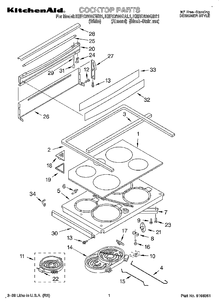 COOKTOP Diagram and Parts List for KERC600GBS1  KitchenAid Range