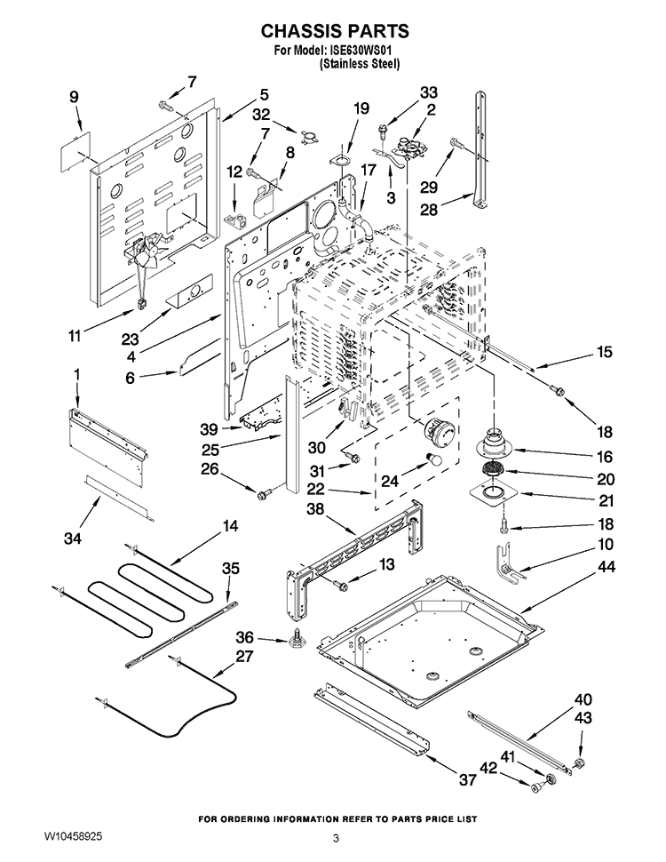 CHASSIS PARTS Diagram and Parts List for ISE630WS01  Whirlpool Range