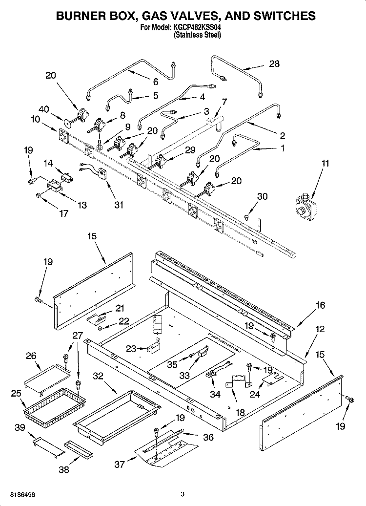 BURNER BOX, GAS VALVES, AND SWITCHES, OPTIONAL PARTS Diagram and Parts List for KGCP482KSS04  KitchenAid Cooktop